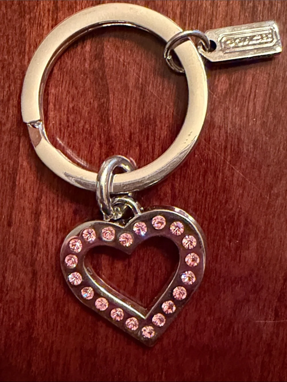 Coach Silver-Tone Key Ring with Pink Rhinestones